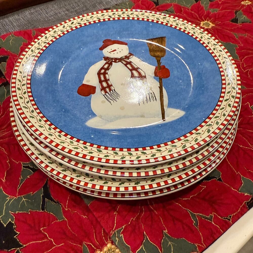 Set of 4 Sakura Debbie Mumm 1998 “Snowman” Lunch Plates SUPER CONDITION